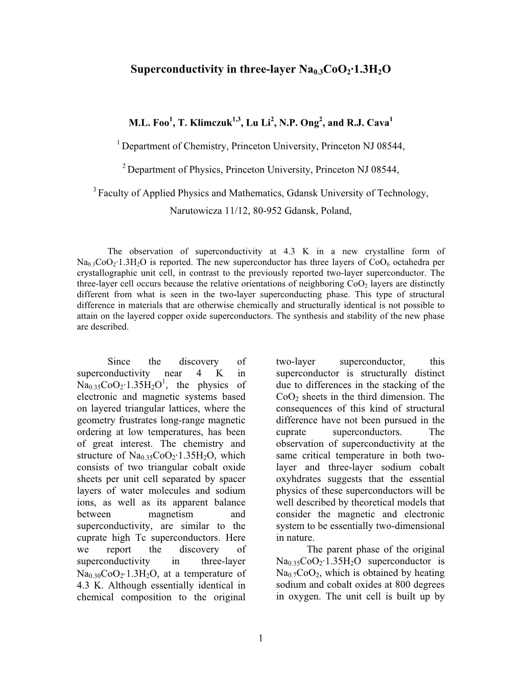 Superconductivity in Three-Layer Na0.3Coo2·1.3H2O