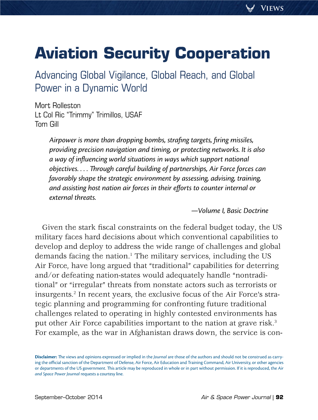 Aviation Security Cooperation Advancing Global Vigilance, Global Reach, and Global Power in a Dynamic World