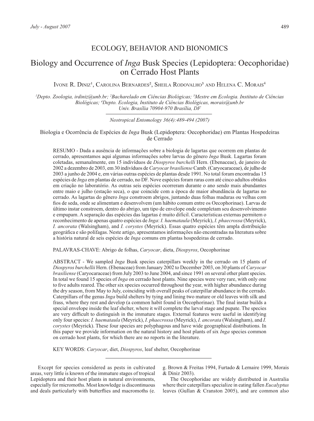 Biology and Occurrence of Inga Busk Species (Lepidoptera: Oecophoridae) on Cerrado Host Plants