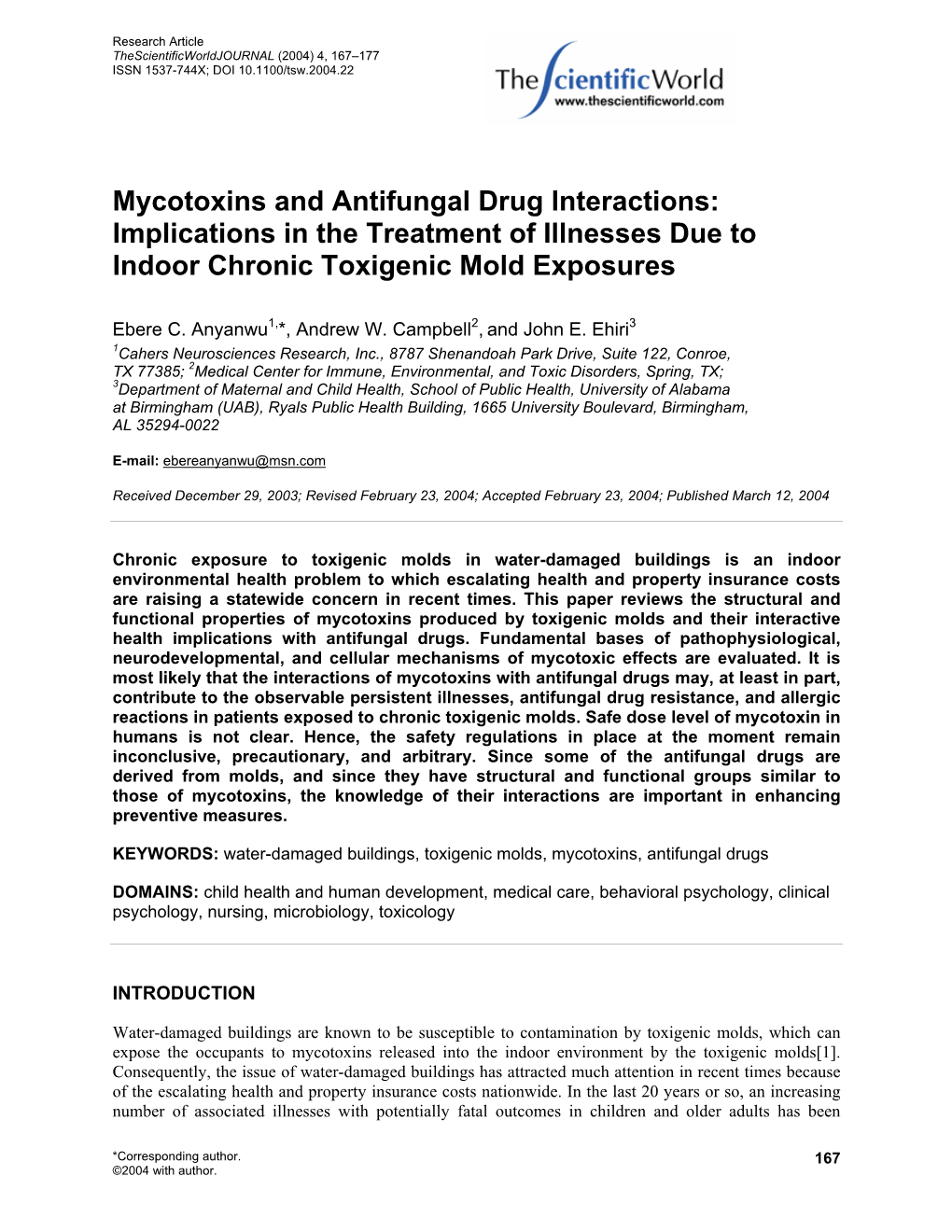 Mycotoxins and Antifungal Drug Interactions: Implications in the Treatment of Illnesses Due to Indoor Chronic Toxigenic Mold Exposures