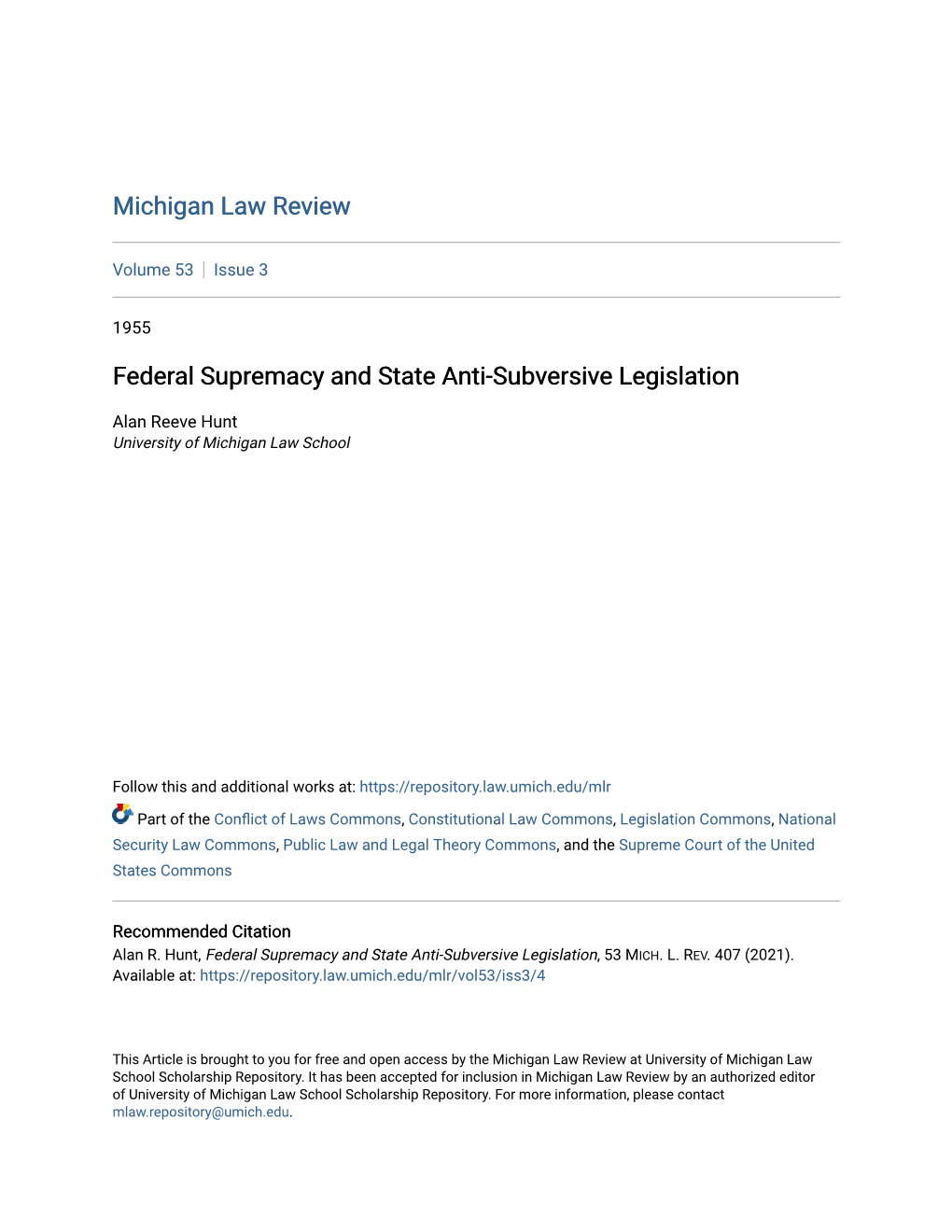 Federal Supremacy and State Anti-Subversive Legislation