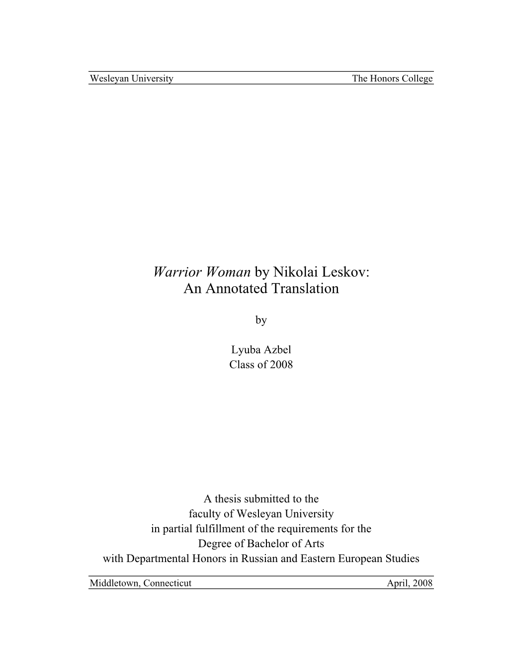 Warrior Woman by Nikolai Leskov: an Annotated Translation