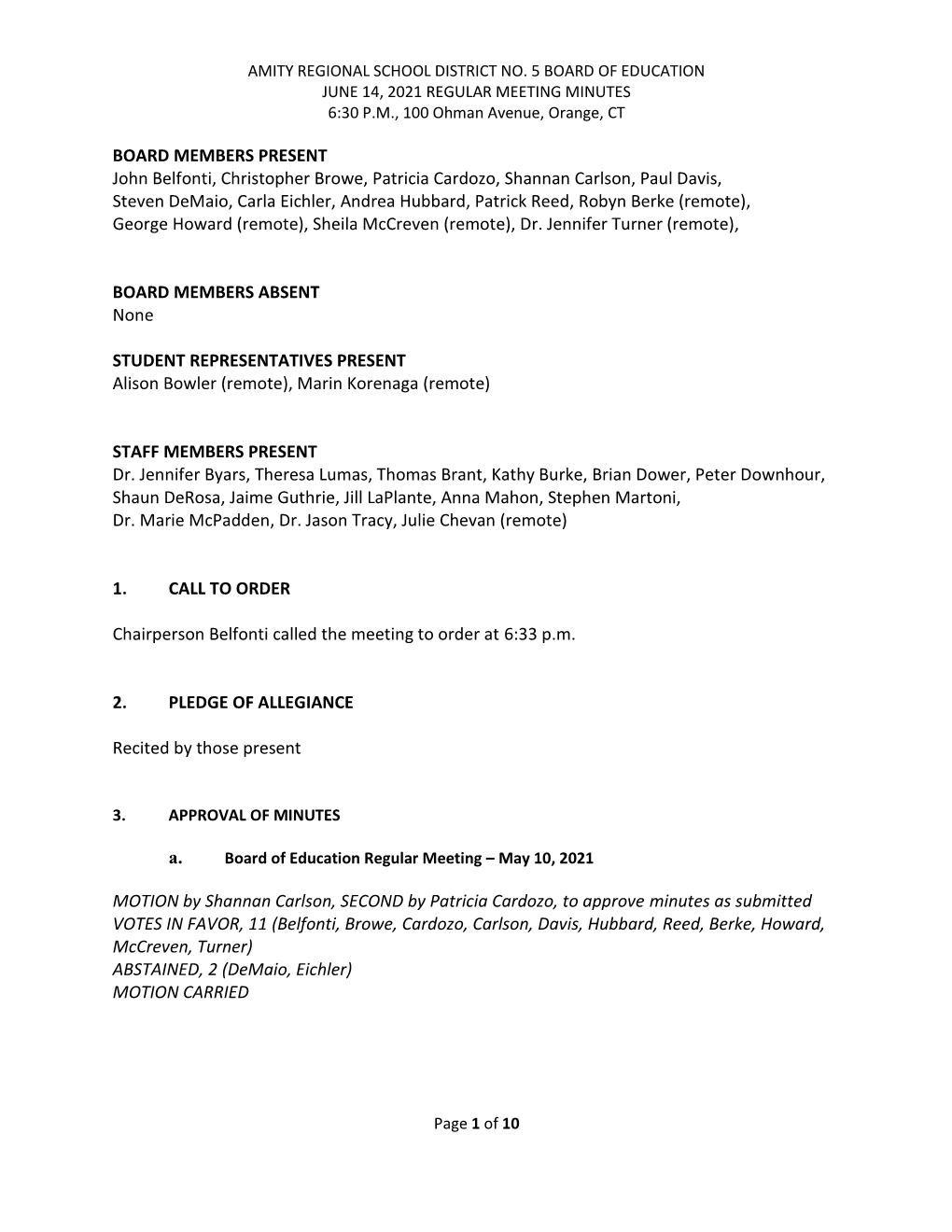 BOE Regular Meeting Minutes 2021-06-14
