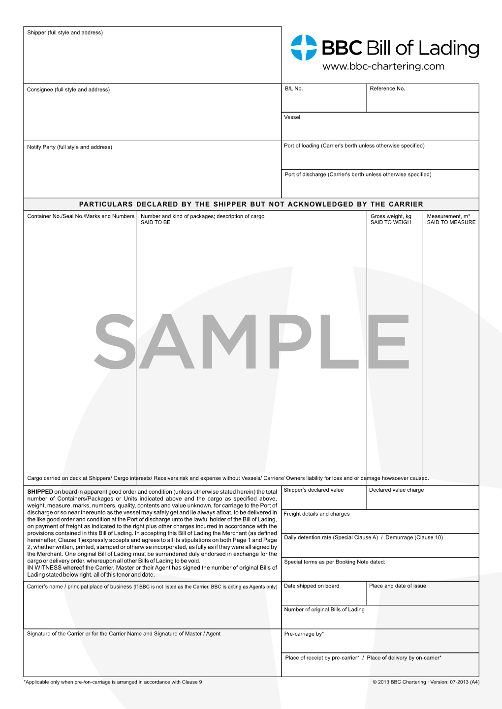 Particulars Declared by the Shipper but Not Acknowledged by the Carrier