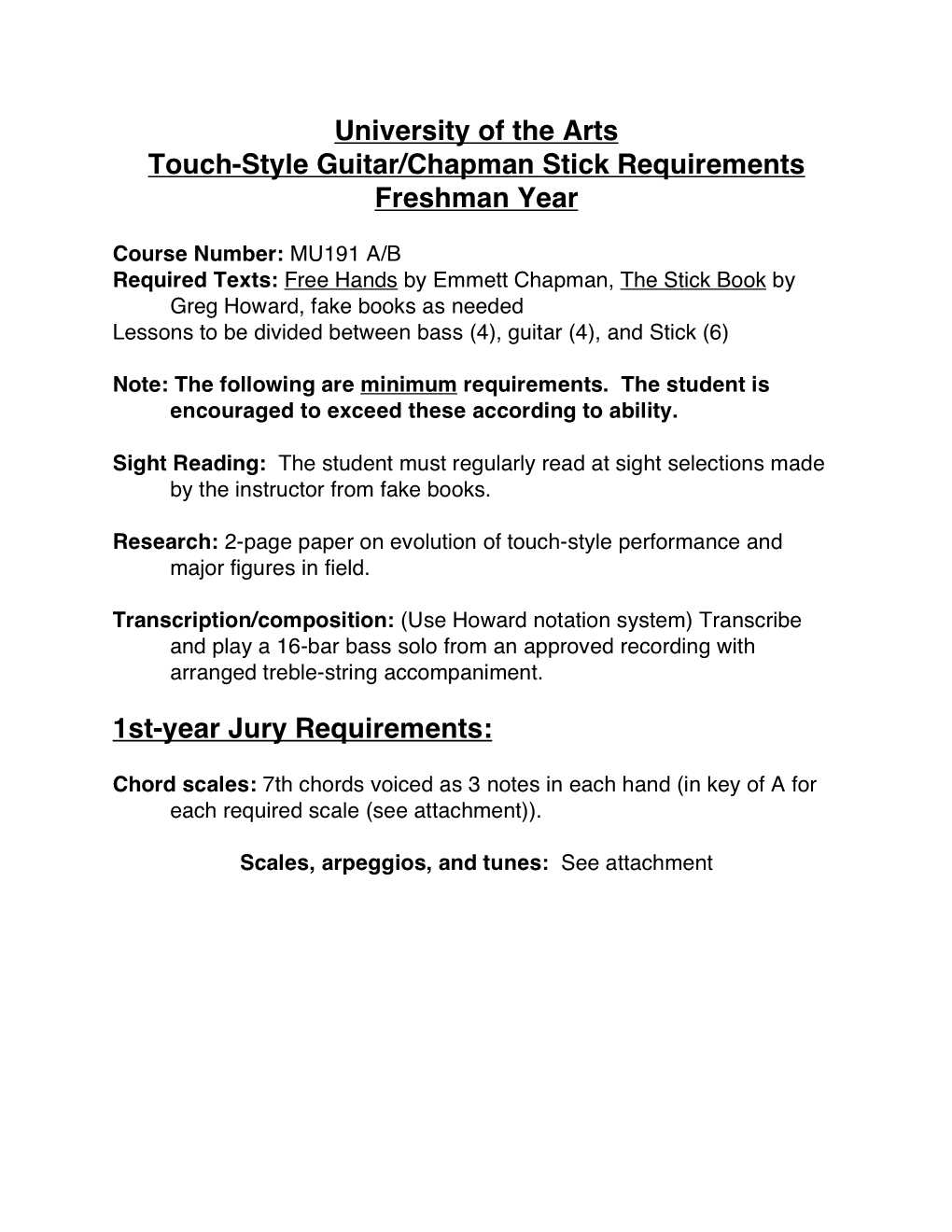 University of the Arts Touch-Style Guitar/Chapman Stick Requirements Freshman Year