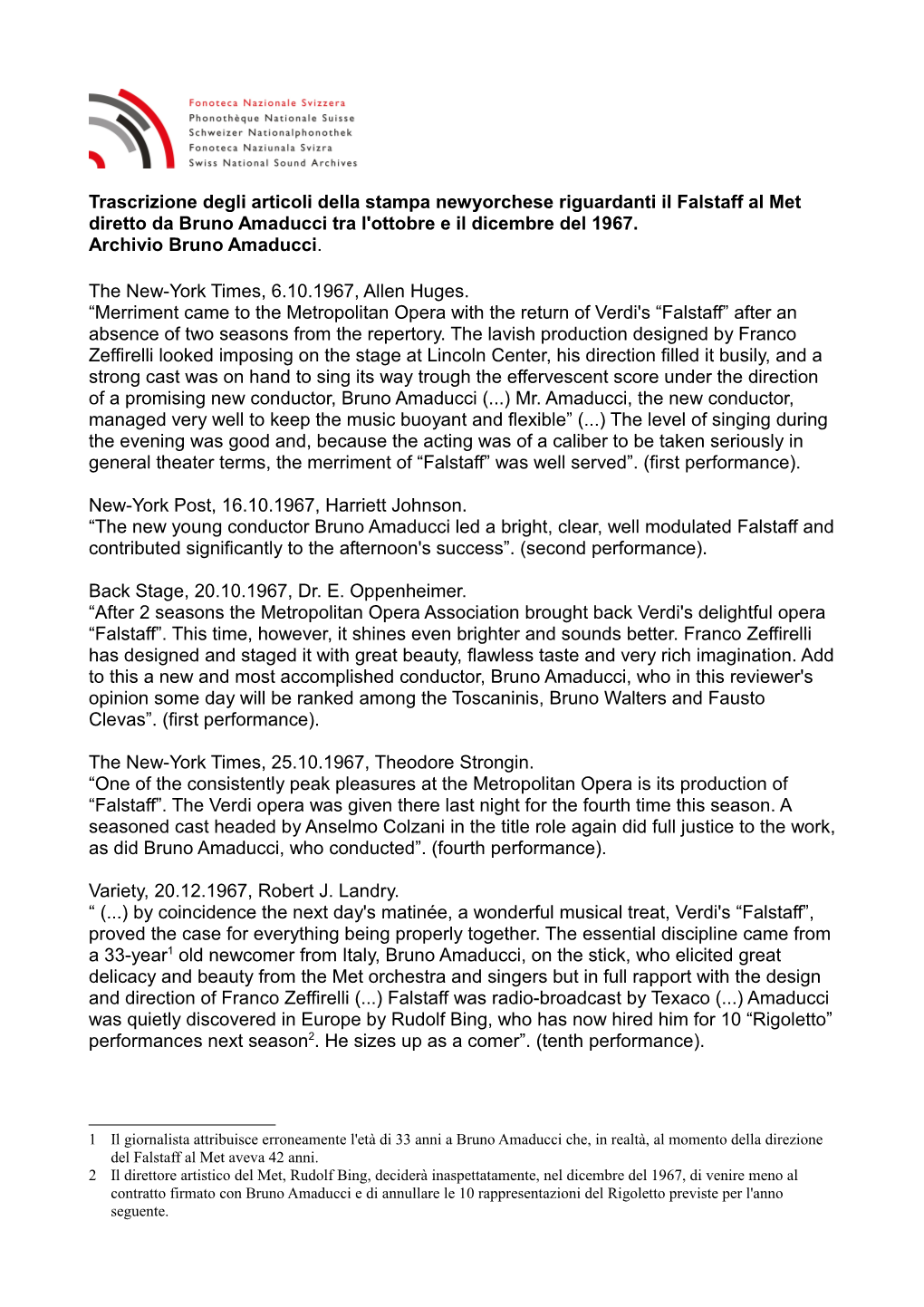 Trascrizione Degli Articoli Della Stampa Newyorchese Riguardanti Il Falstaff Al Met Diretto Da Bruno Amaducci Tra L'ottobre E Il Dicembre Del 1967