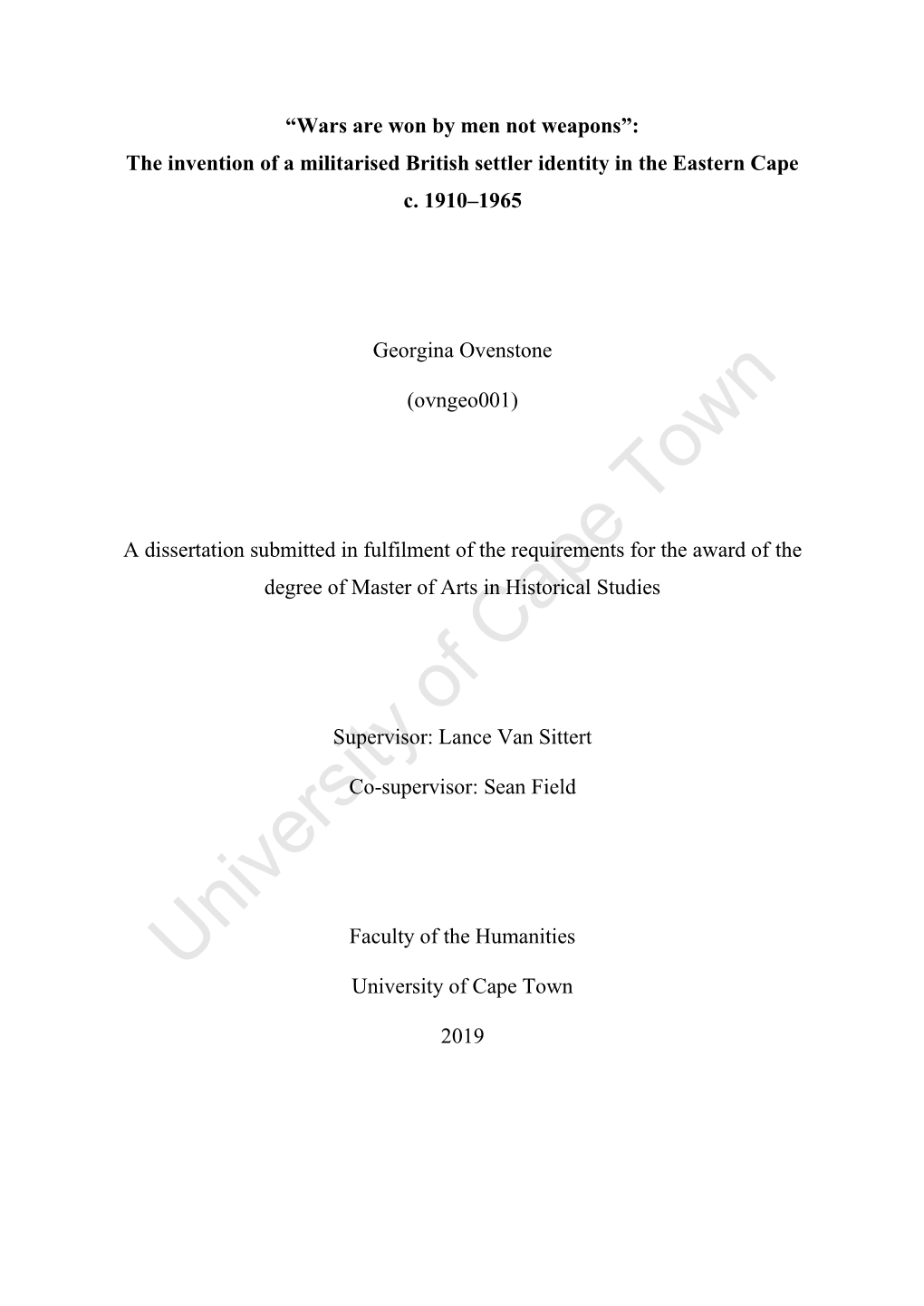 University of Cape Town (UCT) in Terms of the Non-Exclusive License Granted to UCT by the Author