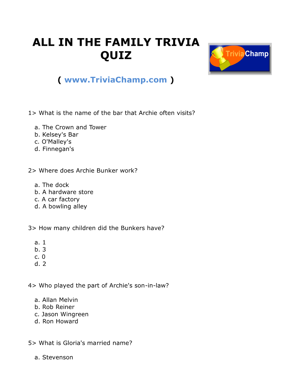 All in the Family Trivia Quiz