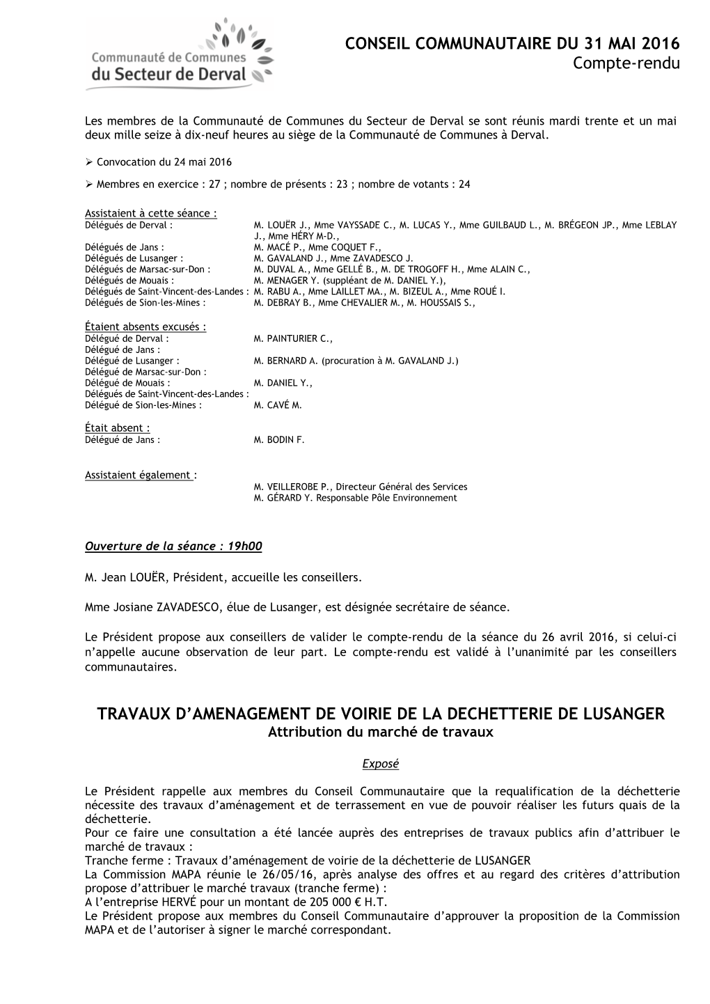 CONSEIL COMMUNAUTAIRE DU 31 MAI 2016 Compte‐Rendu