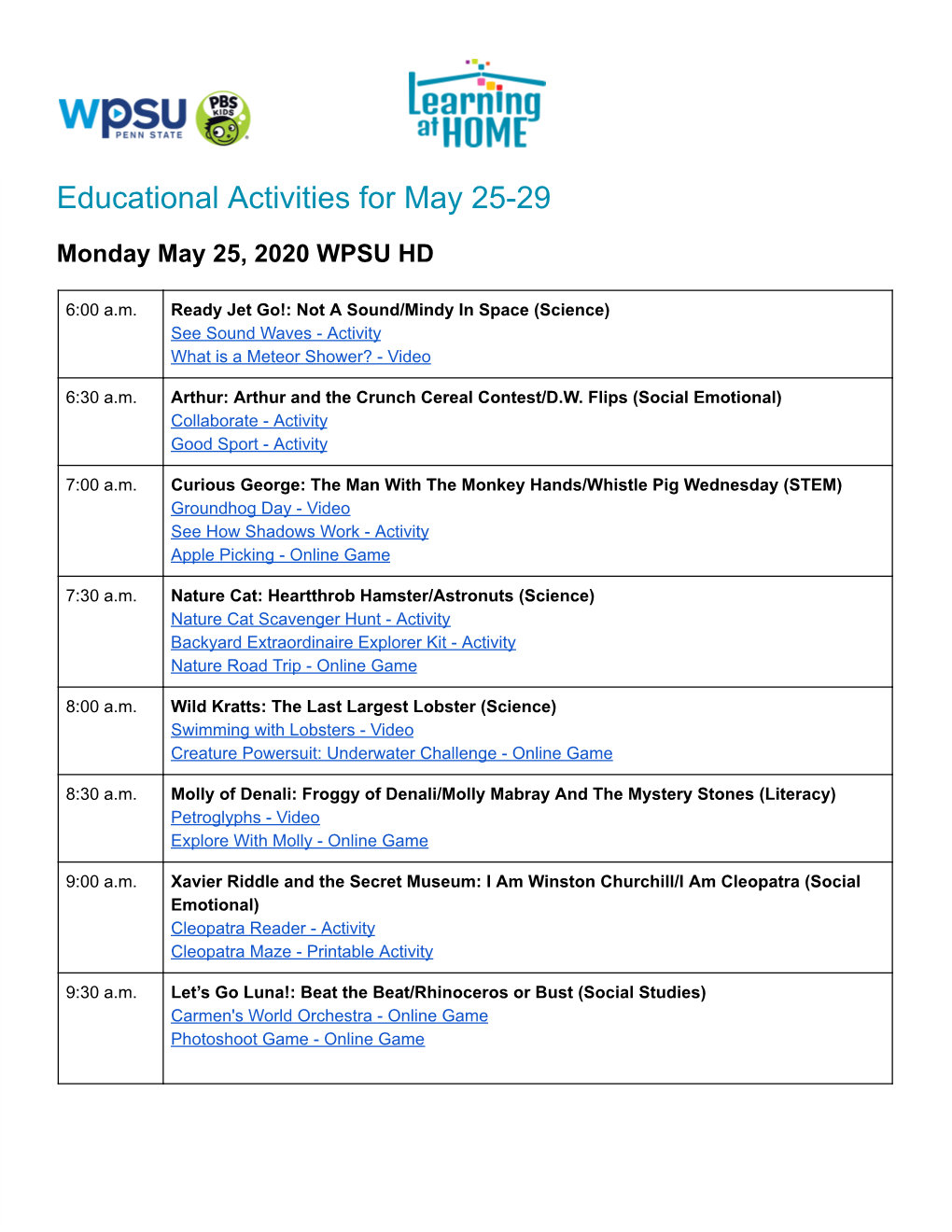 Educational Activities for May 25-29