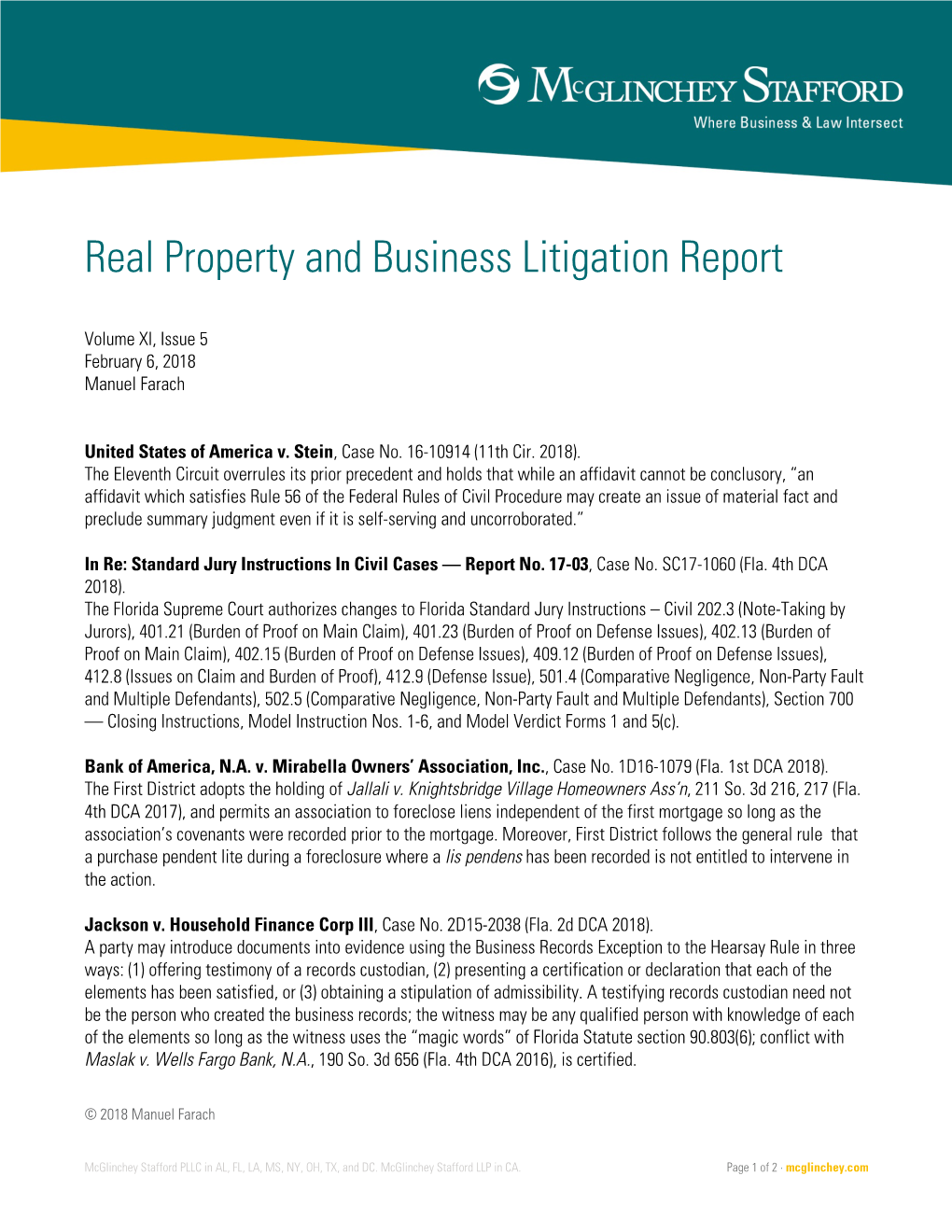 Real Property and Business Litigation Report