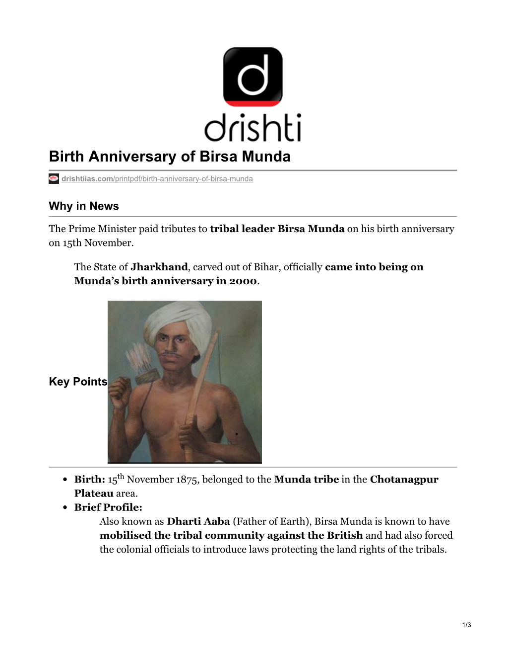 Birth Anniversary of Birsa Munda