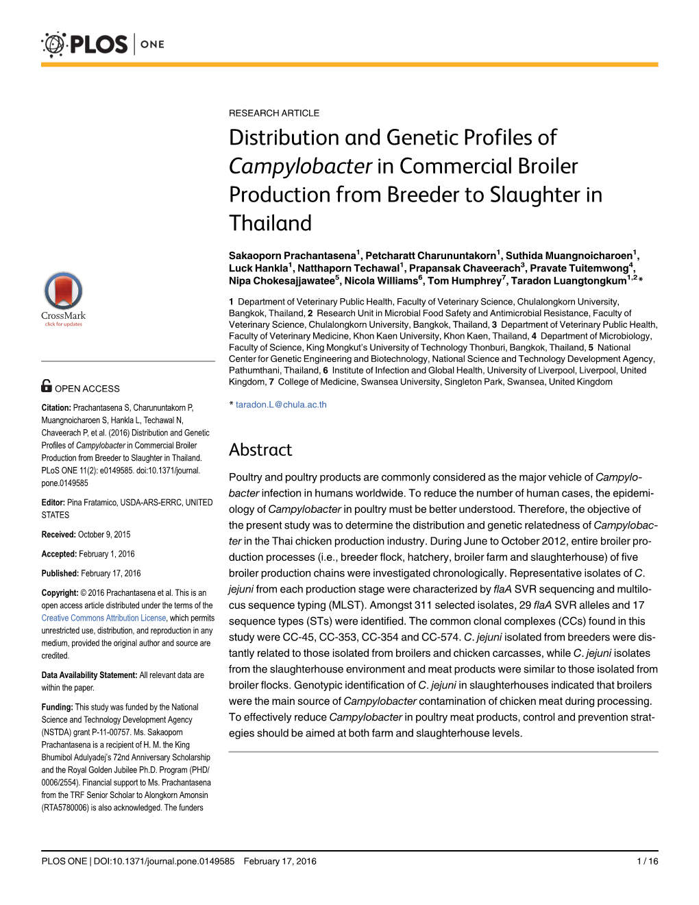 Distribution and Genetic Profiles of Campylobacter in Commercial Broiler Production from Breeder to Slaughter in Thailand