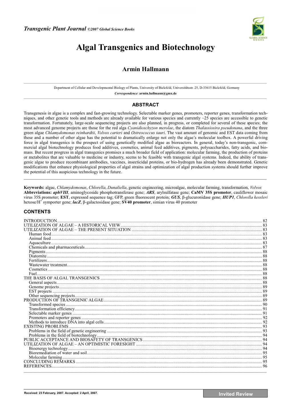 Algal Transgenics and Biotechnology