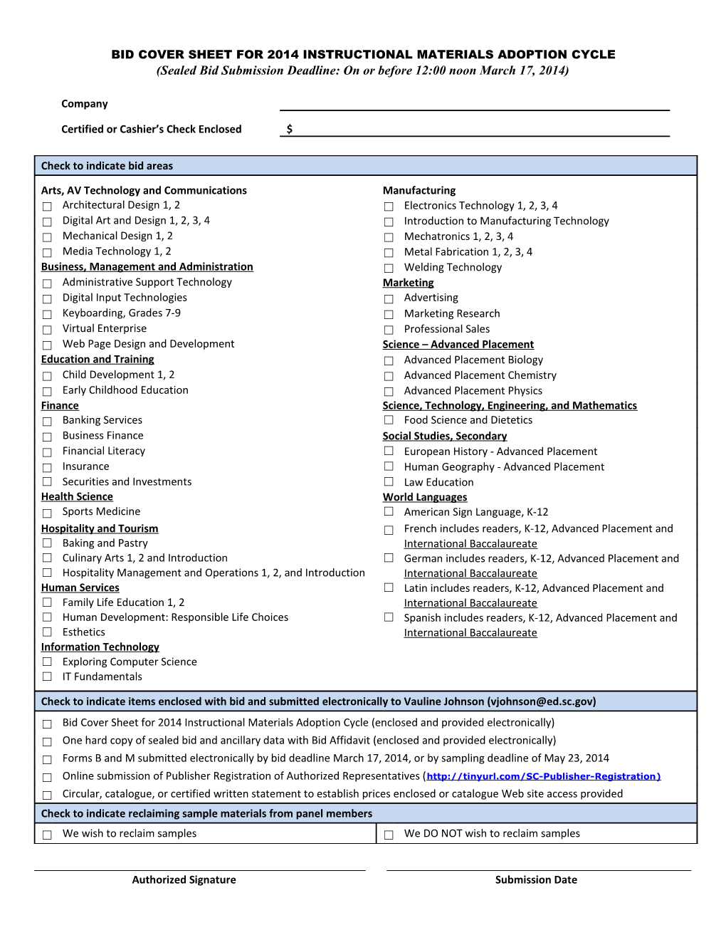 Bid Cover Sheet for 2014 Instructional Materials Adoption Cycle