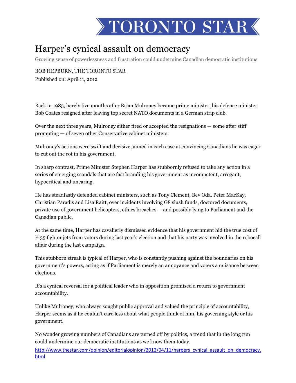 Harper's Cynical Assault on Democracy