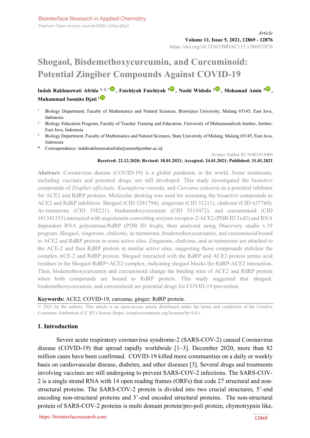 Shogaol, Bisdemethoxycurcumin, and Curcuminoid: Potential Zingiber Compounds Against COVID-19