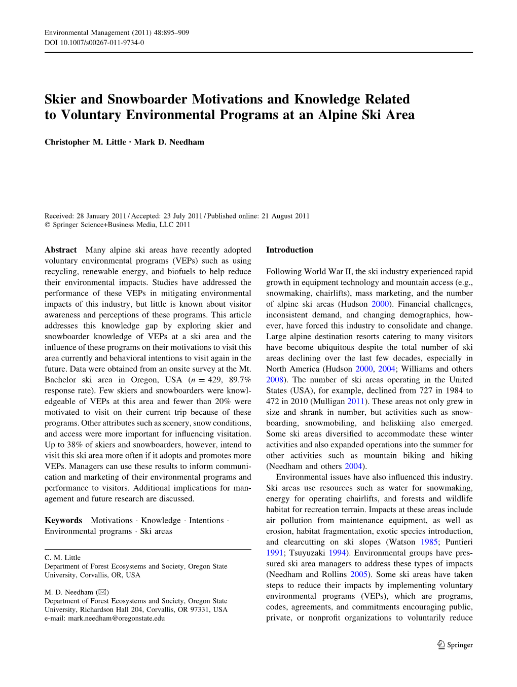 Skier and Snowboarder Motivations and Knowledge Related to Voluntary Environmental Programs at an Alpine Ski Area