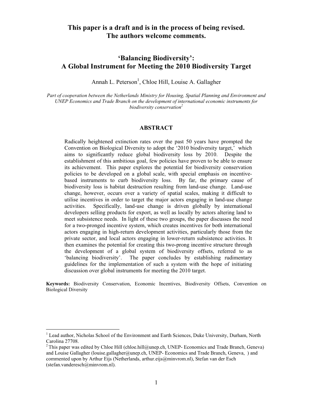 Balancing Biodiversity’: a Global Instrument for Meeting the 2010 Biodiversity Target