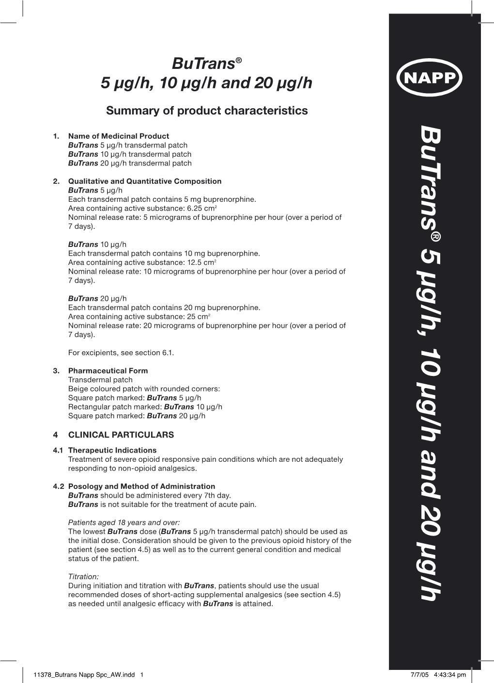 Butrans® 5 Μg/H, 10 Μg/H and 20 Μg/H NAPP NAPP PHARMACEUTICALS