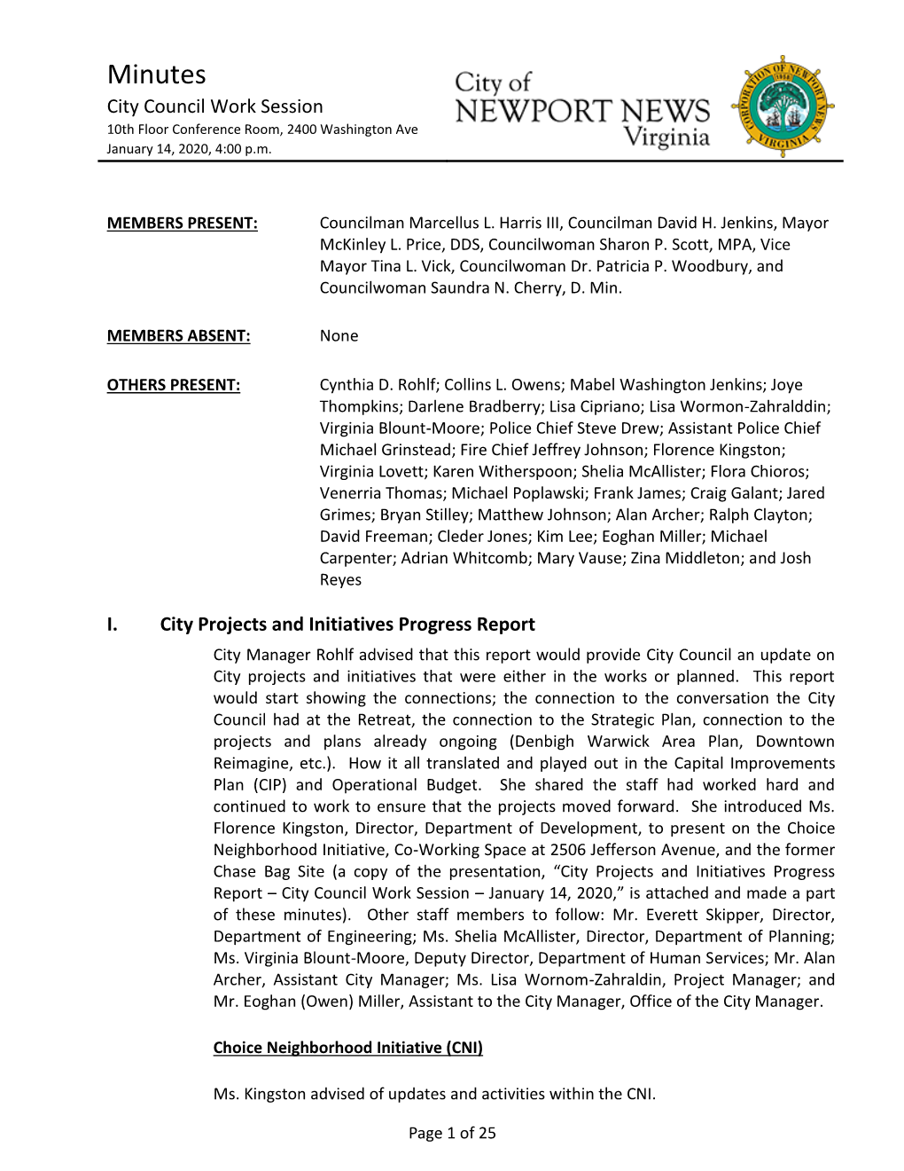 City Council Work Session 10Th Floor Conference Room, 2400 Washington Ave January 14, 2020, 4:00 P.M