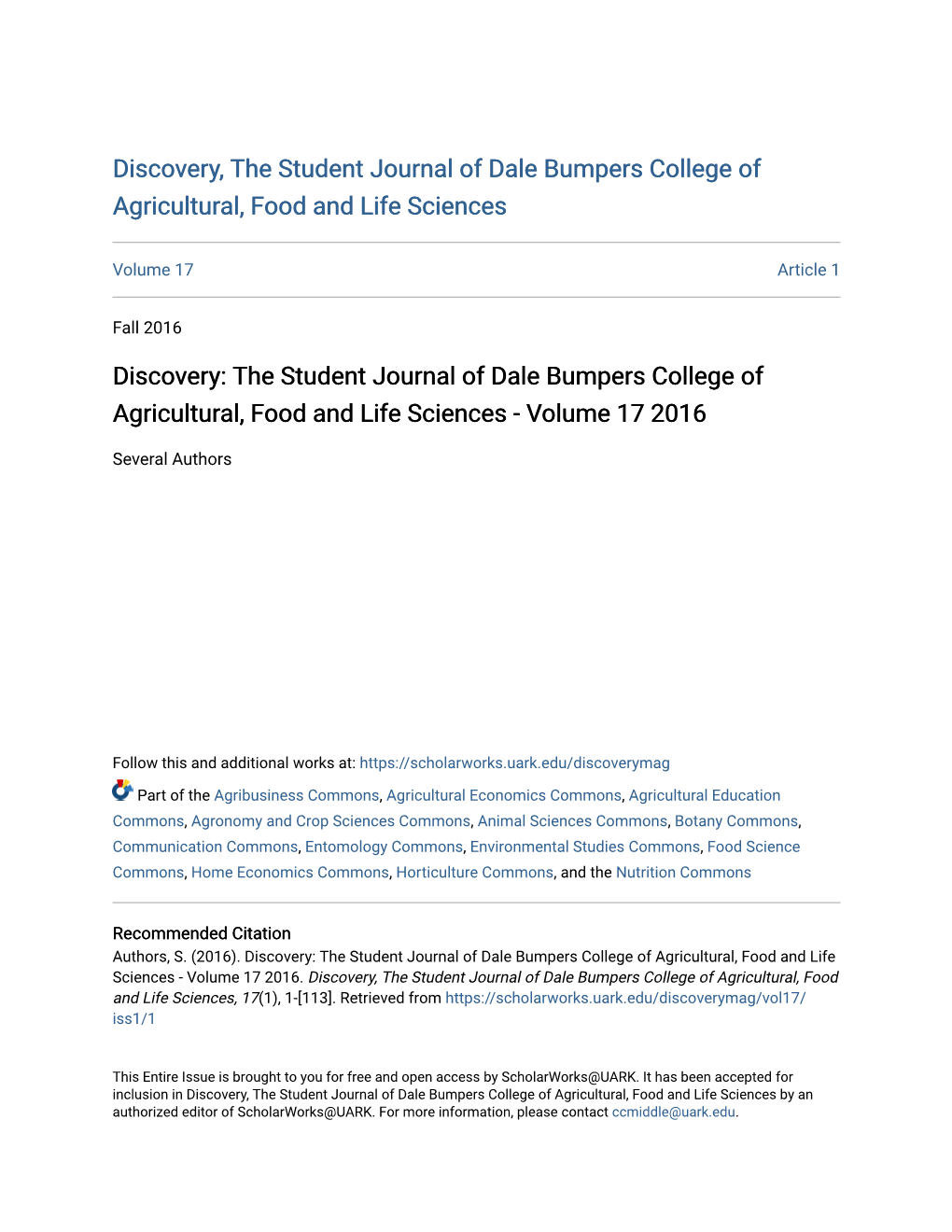 Discovery: the Student Journal of Dale Bumpers College of Agricultural, Food and Life Sciences - Volume 17 2016