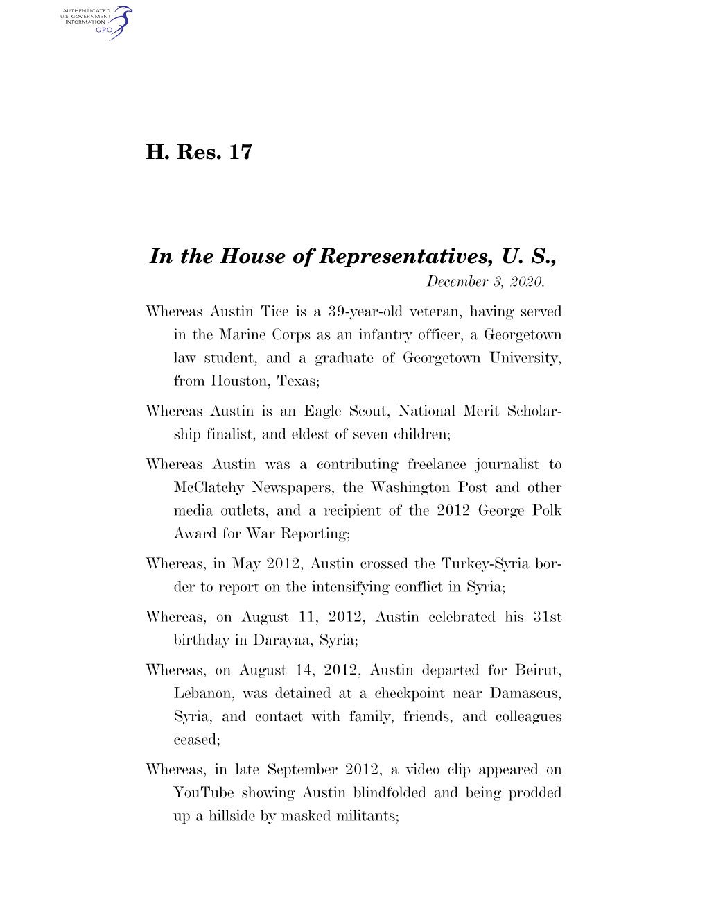 H. Res. 17 in the House of Representatives