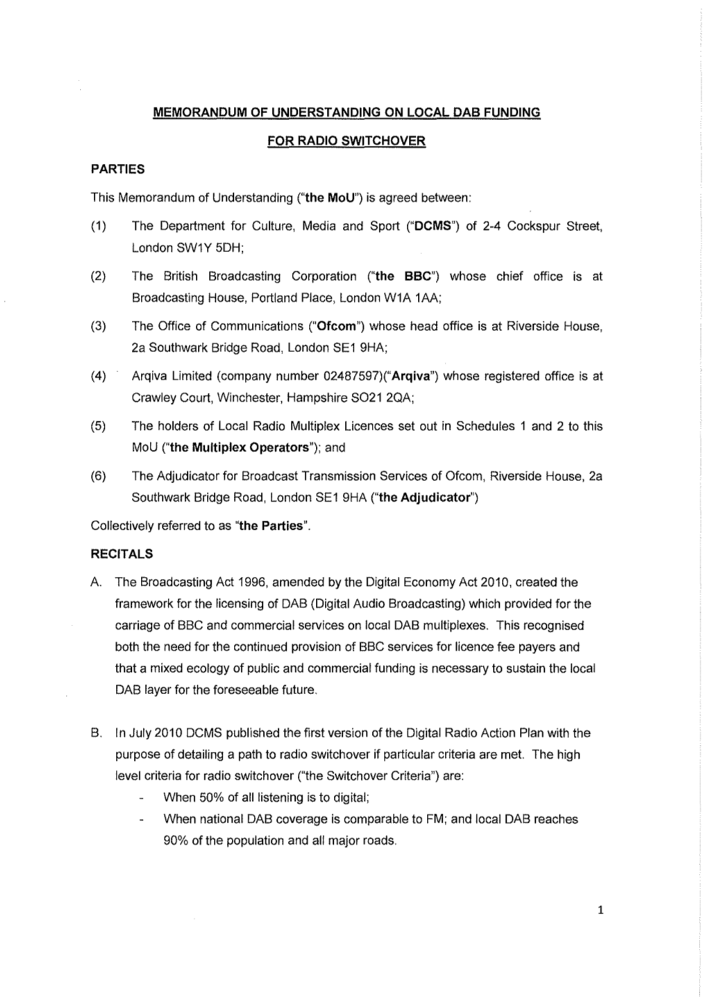 Memorandum of Understanding on Local DAB Funding for Radio