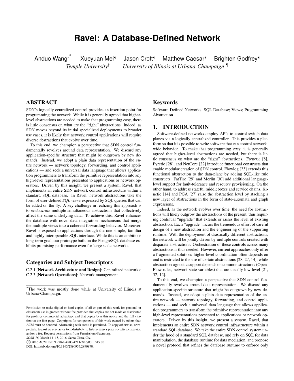 Ravel: a Database-Defined Network