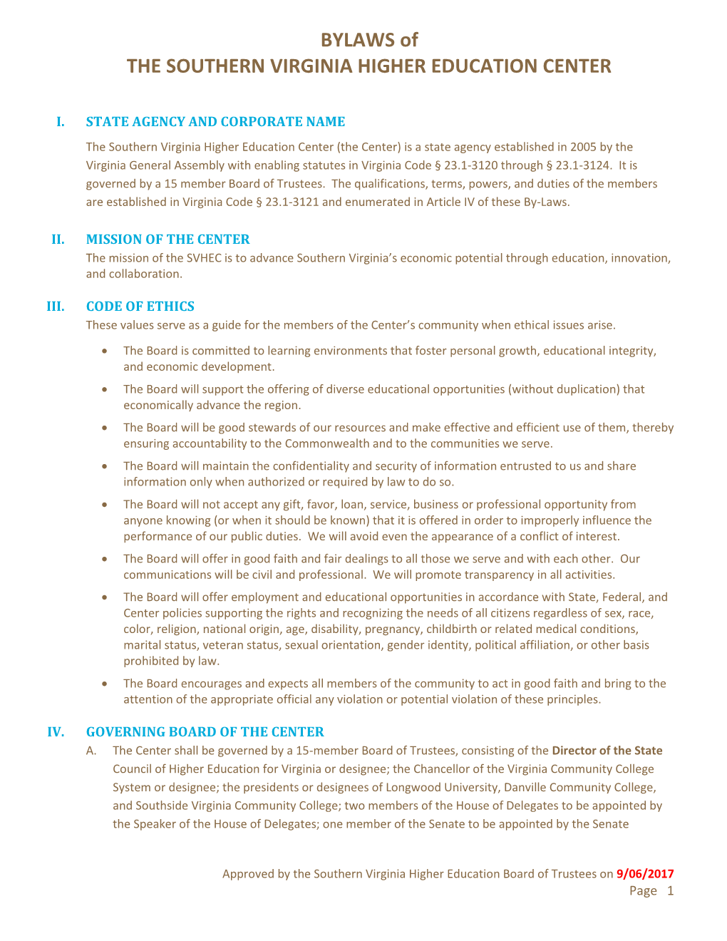 BYLAWS of the SOUTHERN VIRGINIA HIGHER EDUCATION CENTER