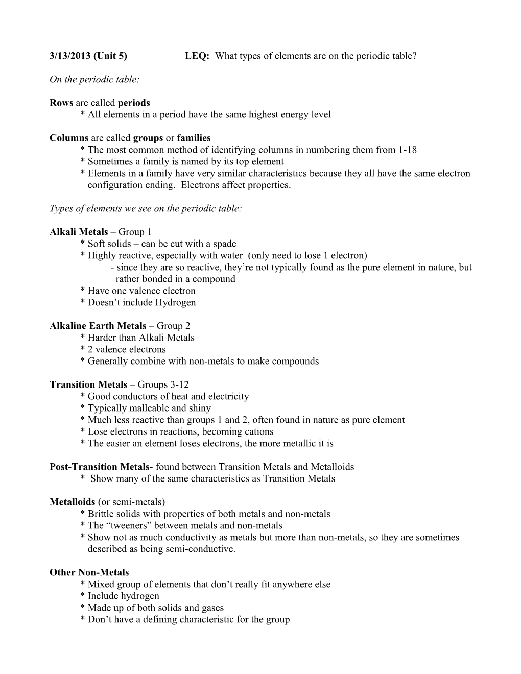 3/13/2013 (Unit 5) LEQ: What Types of Elements Are on the Periodic Table?