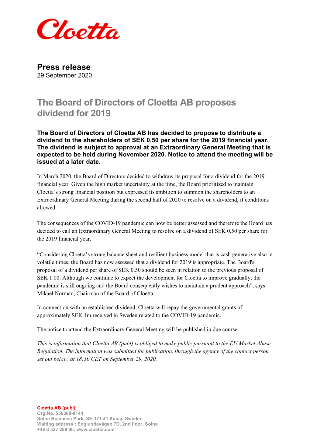 The Board of Directors of Cloetta AB Proposes Dividend for 2019