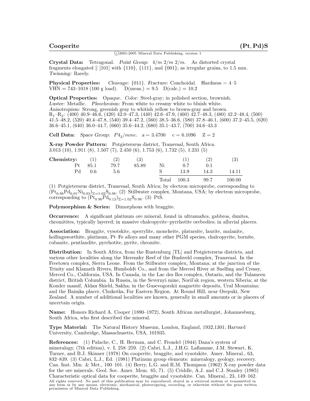 Cooperite (Pt, Pd)S C 2001-2005 Mineral Data Publishing, Version 1 Crystal Data: Tetragonal