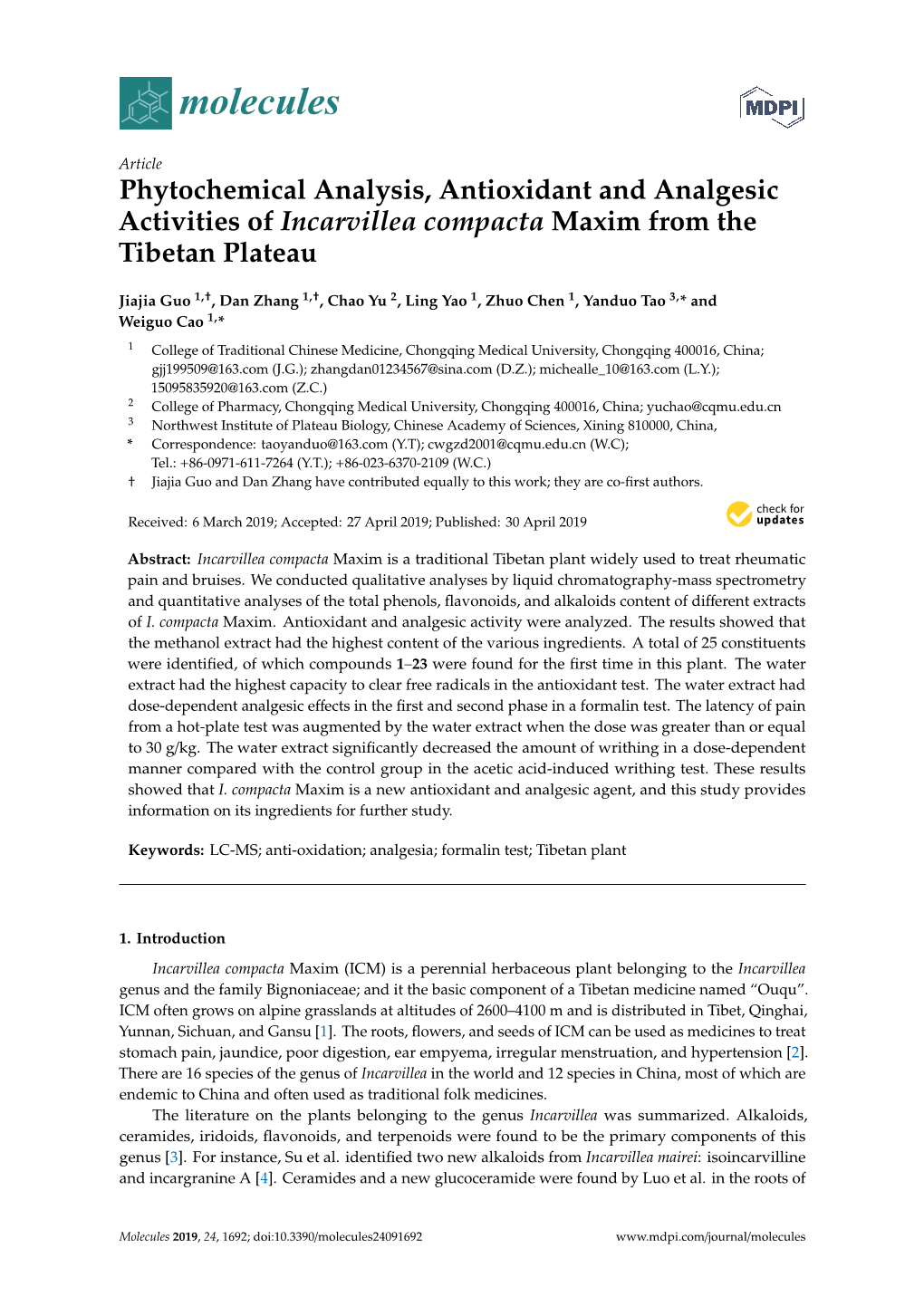 Phytochemical Analysis, Antioxidant and Analgesic Activities of Incarvillea Compacta Maxim from the Tibetan Plateau