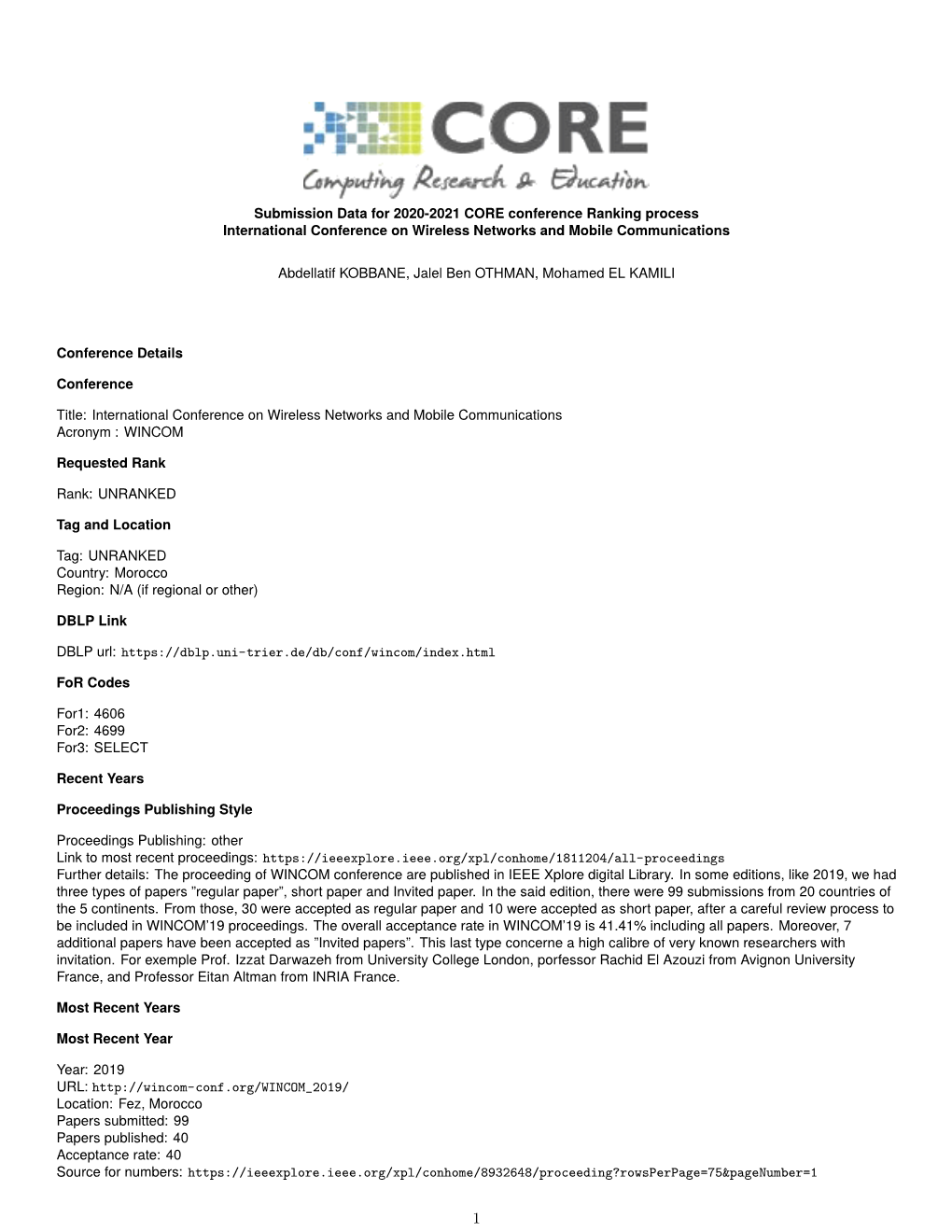 Submission Data for 2020-2021 CORE Conference Ranking Process International Conference on Wireless Networks and Mobile Communications