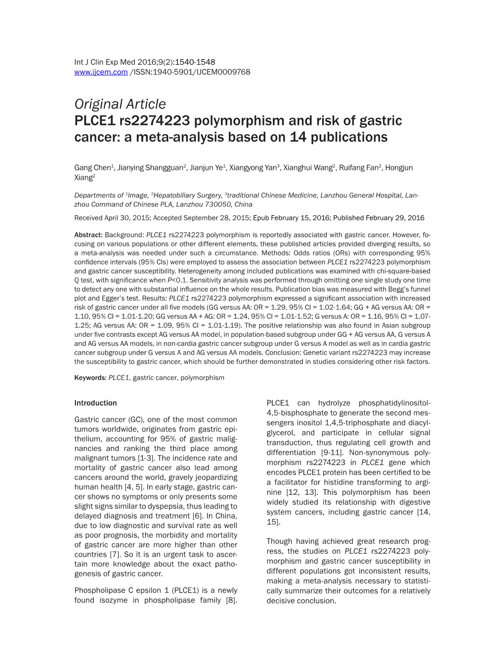 Original Article PLCE1 Rs2274223 Polymorphism and Risk of Gastric Cancer: a Meta-Analysis Based on 14 Publications