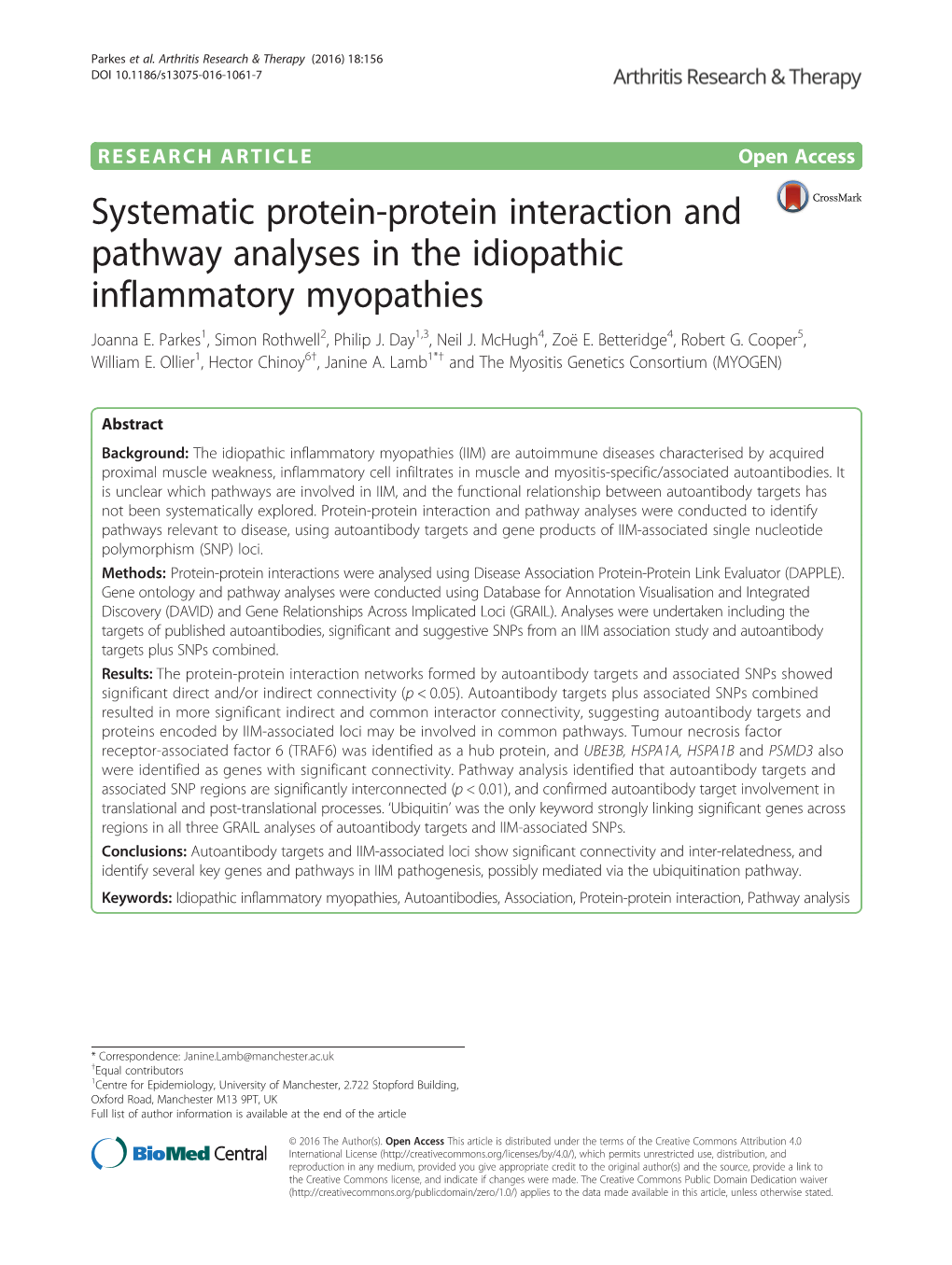 Systematic Protein-Protein Interaction and Pathway Analyses in the Idiopathic Inflammatory Myopathies Joanna E