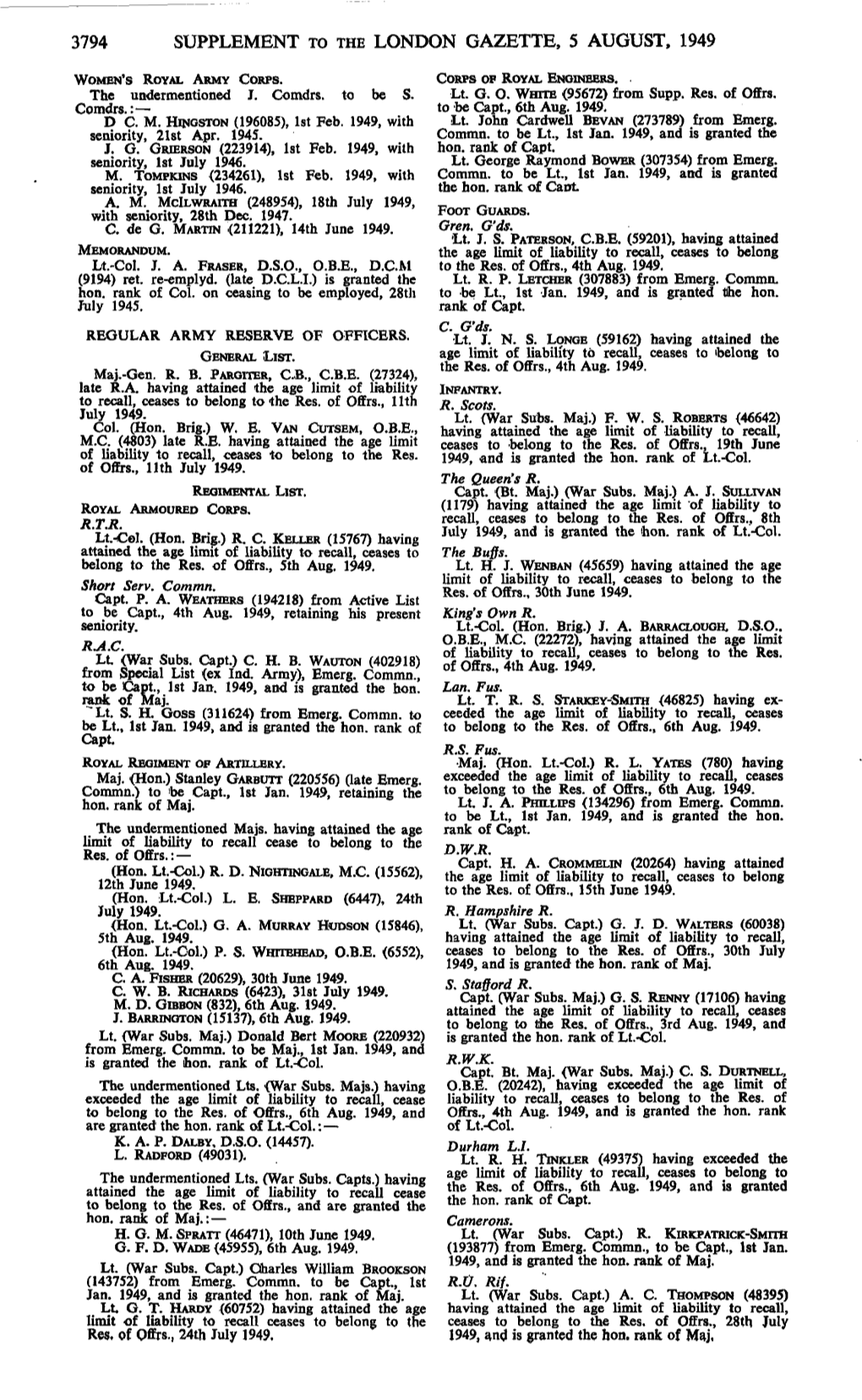 3794 Supplement to the London Gazette, 5 August, 1949