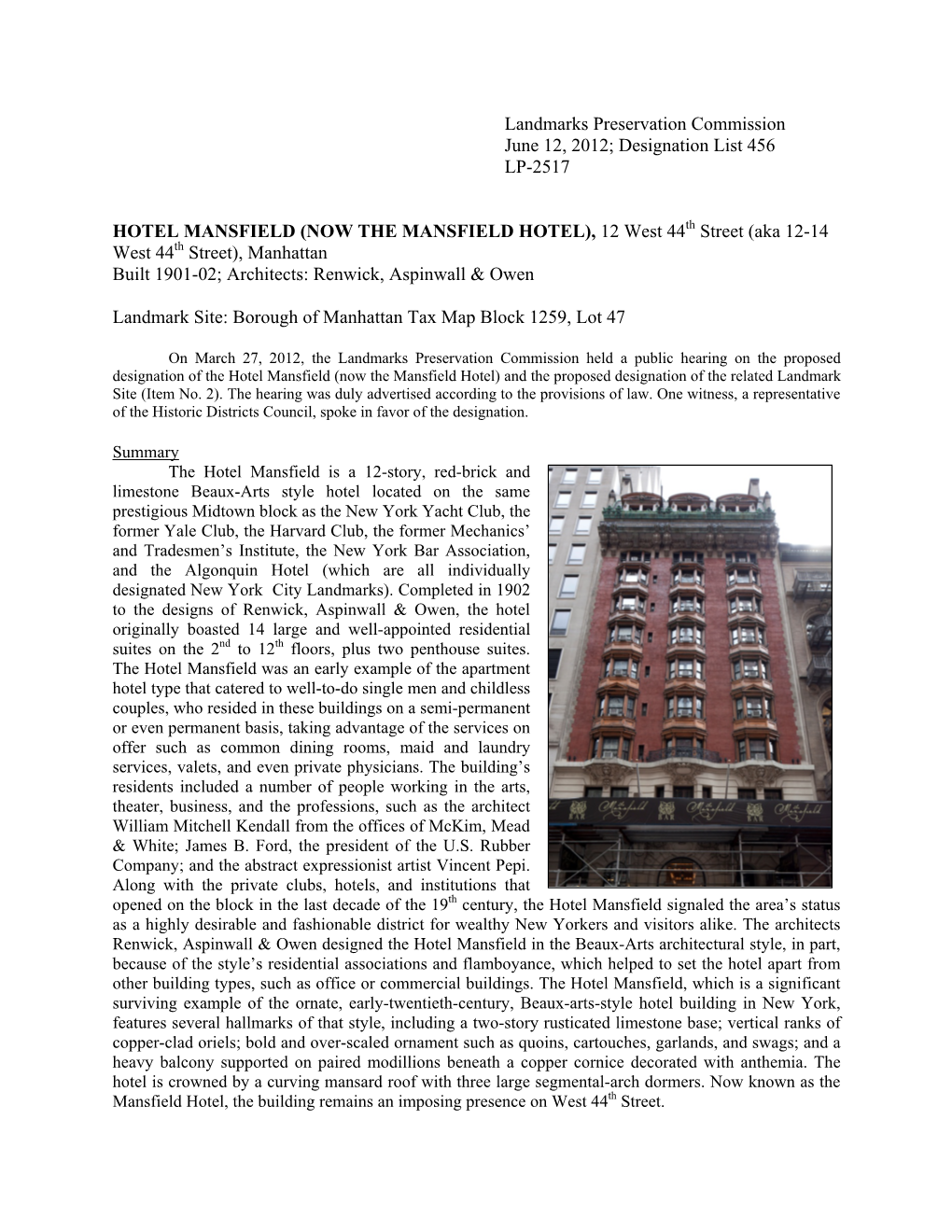 HOTEL MANSFIELD (NOW the MANSFIELD HOTEL), 12 West 44Th Street (Aka 12-14 West 44Th Street), Manhattan Built 1901-02; Architects: Renwick, Aspinwall & Owen