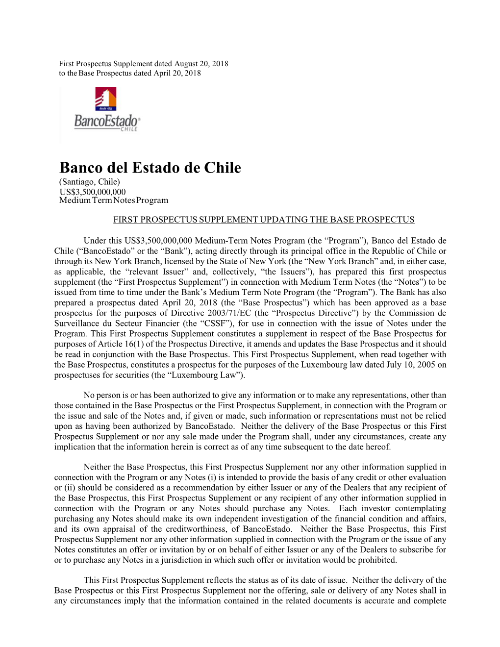 Banco Del Estado De Chile (Santiago, Chile) US$3,500,000,000 Medium Term Notes Program