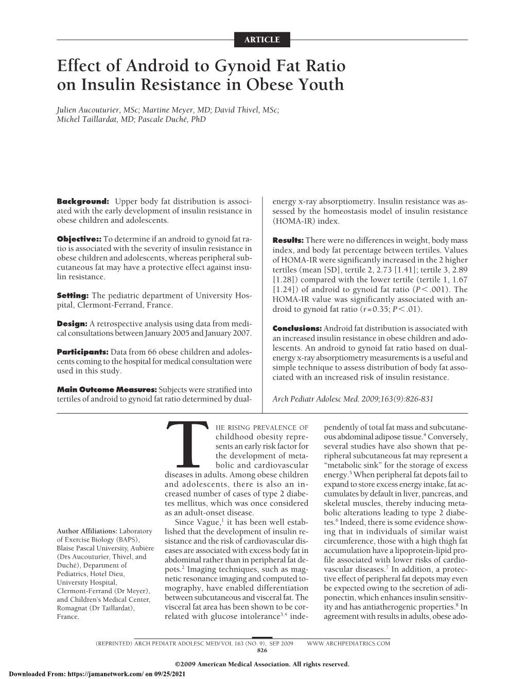 Effect of Android to Gynoid Fat Ratio on Insulin Resistance in Obese Youth