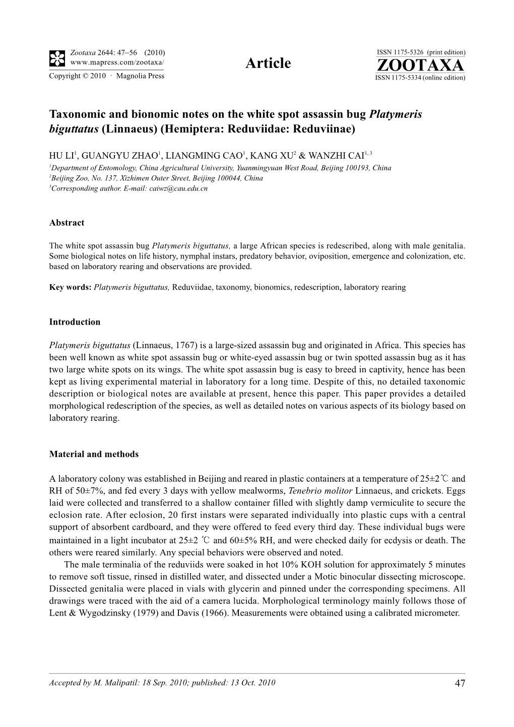 Zootaxa, Taxonomic and Bionomic Notes on the White Spot Assassin