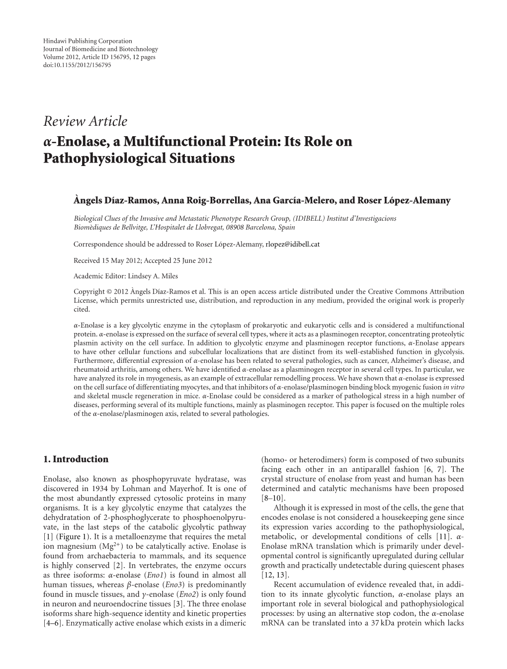 Review Article Α-Enolase, a Multifunctional Protein: Its Role on Pathophysiological Situations