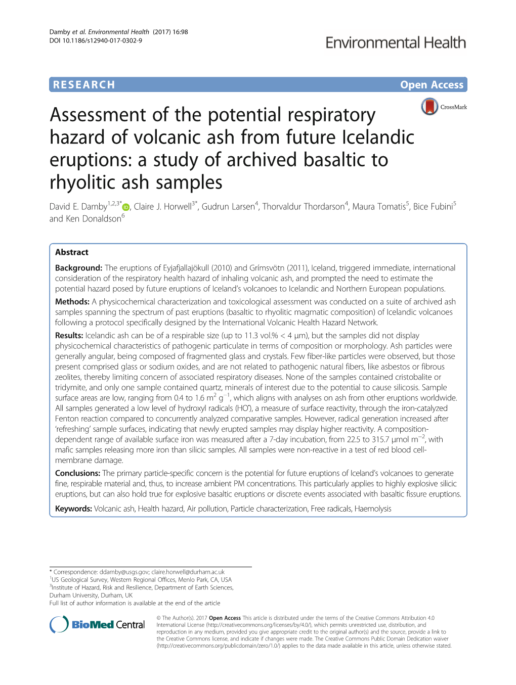 Assessment of the Potential Respiratory Hazard of Volcanic Ash from Future Icelandic Eruptions: a Study of Archived Basaltic to Rhyolitic Ash Samples David E