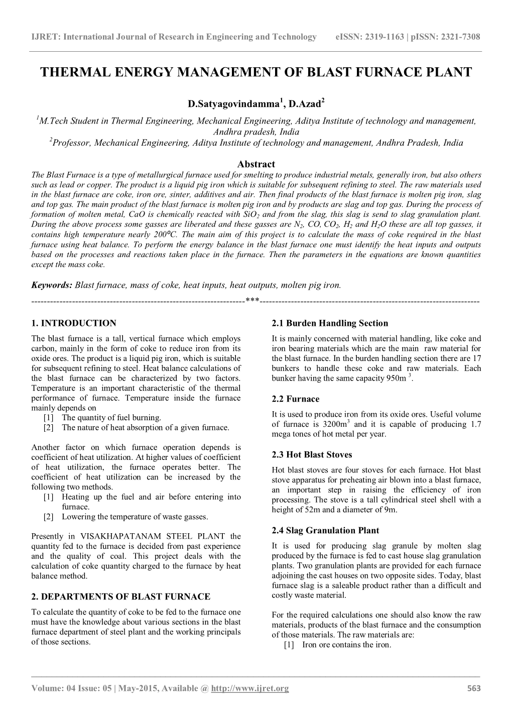 Thermal Energy Management of Blast Furnace Plant