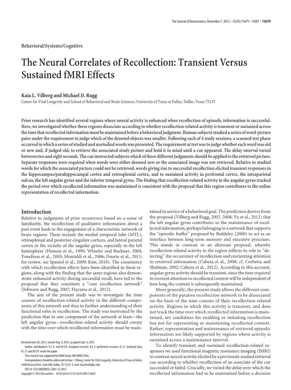 The Neural Correlates of Recollection: Transient Versus Sustained Fmri Effects