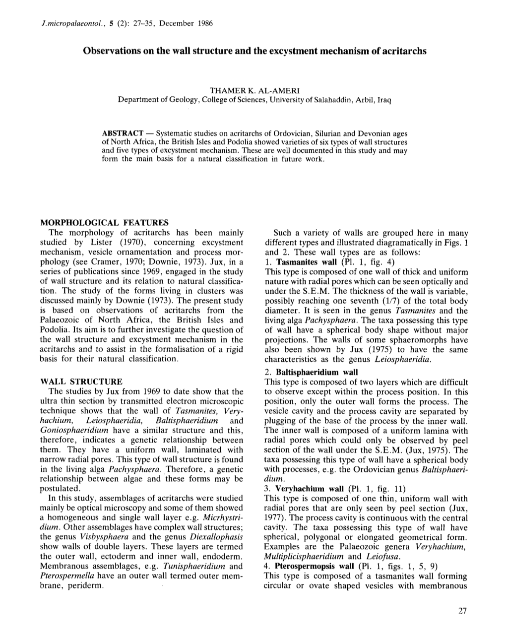 Observations on the Wall Structure and the Excystment Mechanism of Acritarchs