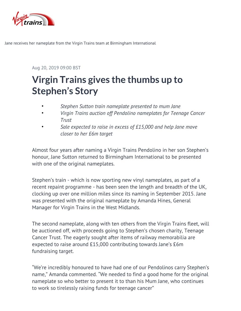 Virgin Trains Gives the Thumbs up to Stephen's Story