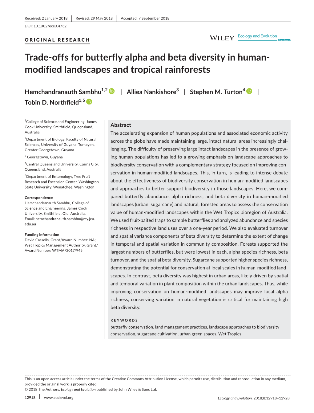 Offs for Butterfly Alpha and Beta Diversity in Human‐ Modified Landscapes and Tropical Rainforests