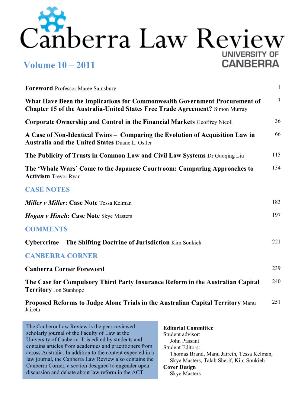 Canberra Law Review 2011 Vol. 10